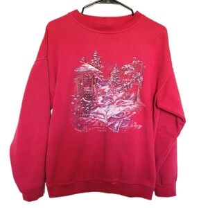 NORTHERN REFLECTIONS Vintage Red Sweatshirt Winter Graphic Fleece Cottagecore